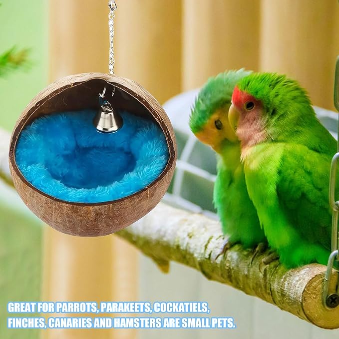 Natural Coconut Shell Bird Nest,1PC Parrot Snuggle Hut Bird Nest House,Hanging Budgie Tent Beds Resting Place for Conure Cockatiel Budgies Lovebird Parakeets Hamster Squirrel Rat Gerbil Mice