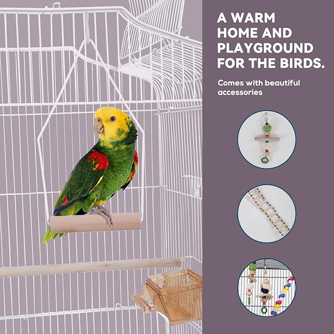 Birdcages, 64 in Play Open Top Indoor/Outdoor Iron Large Bird Cage, Floor-Standing with Casters Detachable Rolling Stand Parrot Cage for Parrots Conures Lovebird Cockatiel Parakeets (White)