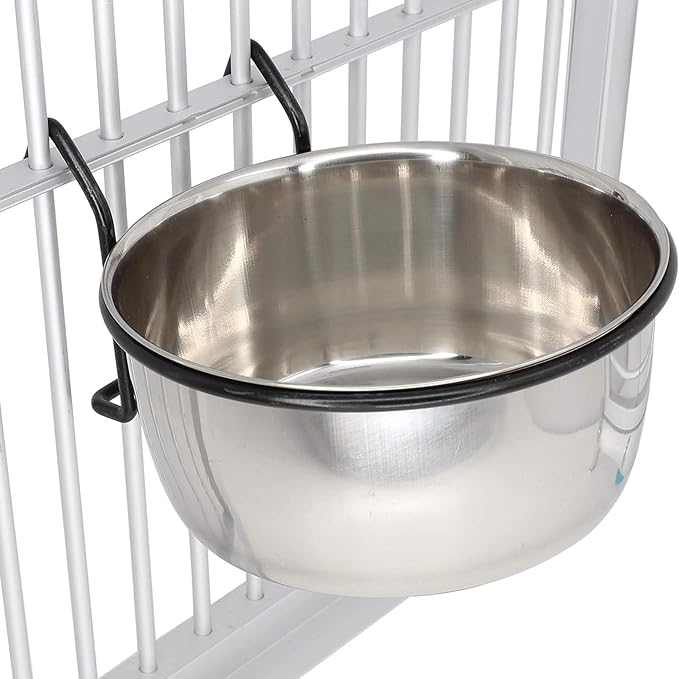 Bonka Bird Toys 3497 20oz Stainless Steel Hook Cup with Powder-Coated Black Hanger for Medium to Large Birds Cage-Mounted Feeding Bowl