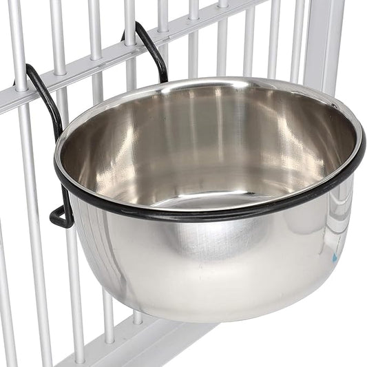 Bonka Bird Toys 3497 20oz Stainless Steel Hook Cup with Powder-Coated Black Hanger for Medium to Large Birds Cage-Mounted Feeding Bowl