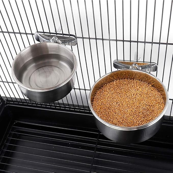 2 Pcs Bird Water Feeder, Automatic Bird Water Dispenser & Stainless Steel Bird Food Bowl, Cage Accessories for Parrot & Hamster Parakeet Cockatiel Budgie Lovebirds (Feeders & Water)