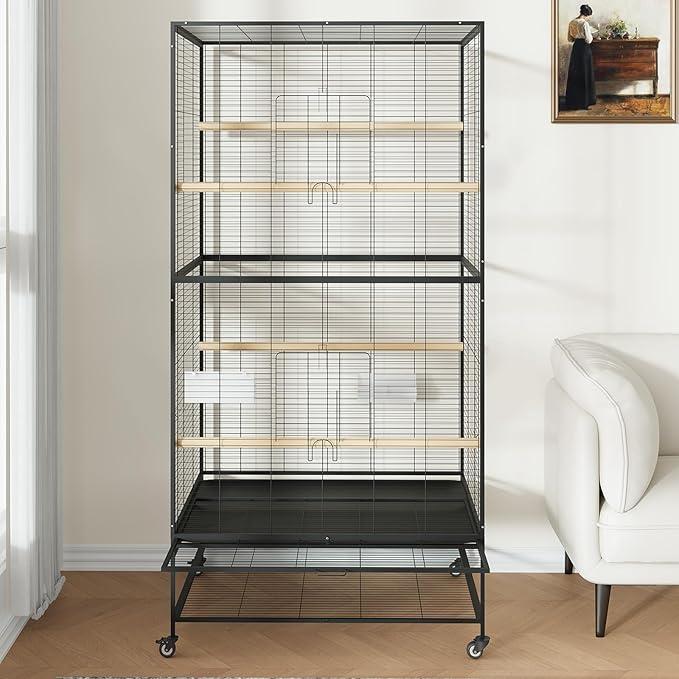 66" H Large Bird Cage with Wheels, Extra Large Bird Cage with Wood Perches, Feeder, Wide Bird Carrier for Parakeets, Canaries, Lovebirds, Small Quaker, Cockatiels, Budgie