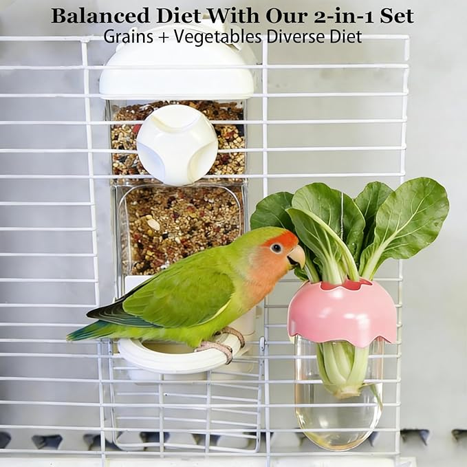 Automatic Bird Cage Feeder No Mess Bird Feeding Station Parrot Vegetable Holder Fruit Clips for Parakeet Cockatoo Canary Lovebirds Budgie (White)