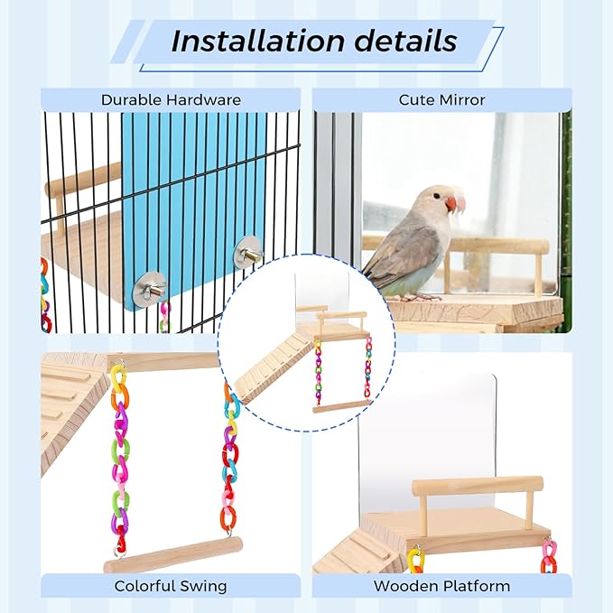 Bird Perch Platform Toy Set (Includes Mirror, Climbing Ladder, and Swing) - Wooden Play Frame, Parrot Cage Accessories, Suitable for Budgerigars, Lovebirds, Canaries, and Various Other Birds