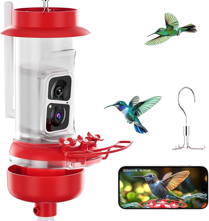 Soliom Hummingbird Feeder with Camera, Smart Feeder Camera with 2K Live View AI Identify, Leak Proof&Ant Moat&Bee Proof, Outdoor Pole/Hook Hanging, Ideal Gift for Family, 16 OZ Red