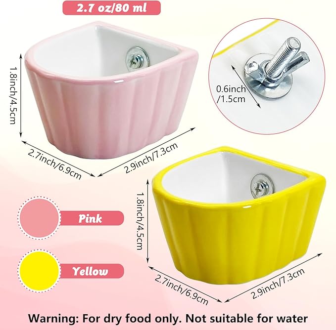 Tfwadmx 2 Pcs Bird Cage Feeder Ceramic Pet Bird Bowls Parrot Feeding Dish Hanging Parrot Food Bowl for Budgie Finches Lovebirds Parakeet Cockatiels (Yellow & Pink)