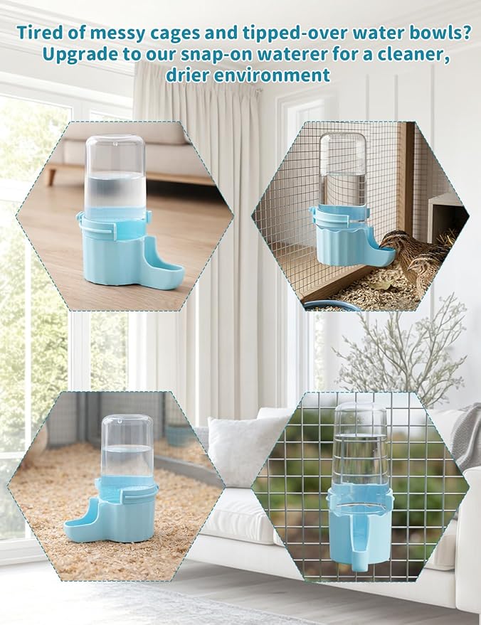 Quail Chick Waterer with Anti-Drowning Shallow Tray, 16.6 fl oz Automatic Gravity Button Quail Waterer, Hanging or Free-Standing Bird Water Dispenser for Wire Mesh Cages and Brooders (Blue)
