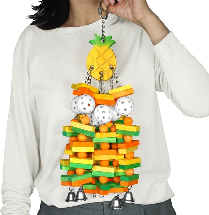 Large Wooden Bird Toys for Parrots, Cockatoos, Cockatiels, and Parakeets, Safe and Durable Shredding Cage Toy for Engaging Play (Pineapple)