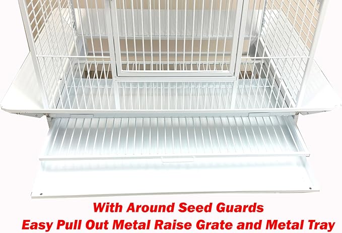 Extra Large Elegant and Durable Wrought Iron Climging Ladders Perch Stand Play Top Ground Bird Parrot Rolling Metal Cage, Include Seed Guard (White Vein, 32" x 23" x 69"H)