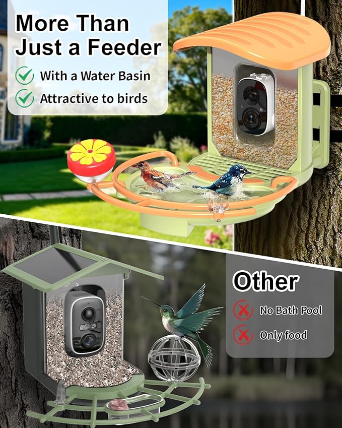 Bird Feeder with Camera, 2K HD Camera Birds Feeder with AI Bird Recognition, Solar Powered Smart Birdfeeder with Bath, App Control, Color Night Vision, Gift Box Package, Easy Install