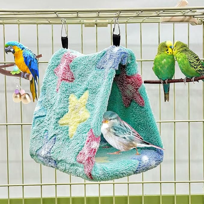 2 Pack Warm Bird Nest Plush Snuggle Bird Hammock Hanging Bird Cave Parrot Sleeping Bed Shed Hut Hanging Tent for Budgies Finch Parakeet Cockatiel Cockatoo Lovebird-Star Pattern (Pink&Green)