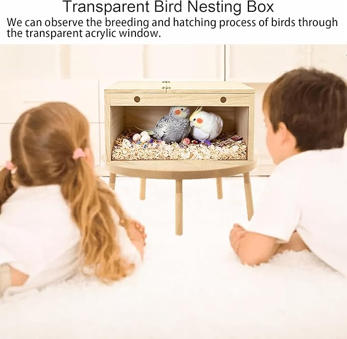 Tfwadmx Parakeet Nesting Box, Transparent Bird Nest Breeding Box, Wood Parrot Nest Box with Perch Bird Cage House for Cockatiel Lovebirds Budagie Canary Finch(L)