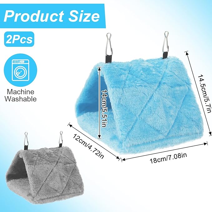 2Pcs Bird Nest Hammock, Birds Hut for Cage, Warm Plush Snuggle Cave Hanging Bed, Parrot Sleeping Bed for Budgies, Parakeets, Cockatiels & Small Parrots (Blue & Grey Size S)