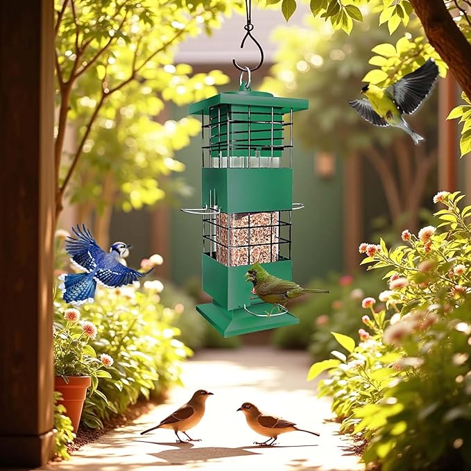Squirrel Proof Bird Feeder, 3Lb Capacity Metal Bird Feeders for Outdoors Hanging, All-Weather Weight Activated Tube Birdfeeder with 4 Ports for Outside, Cardinal Finch Bluebird (Green)