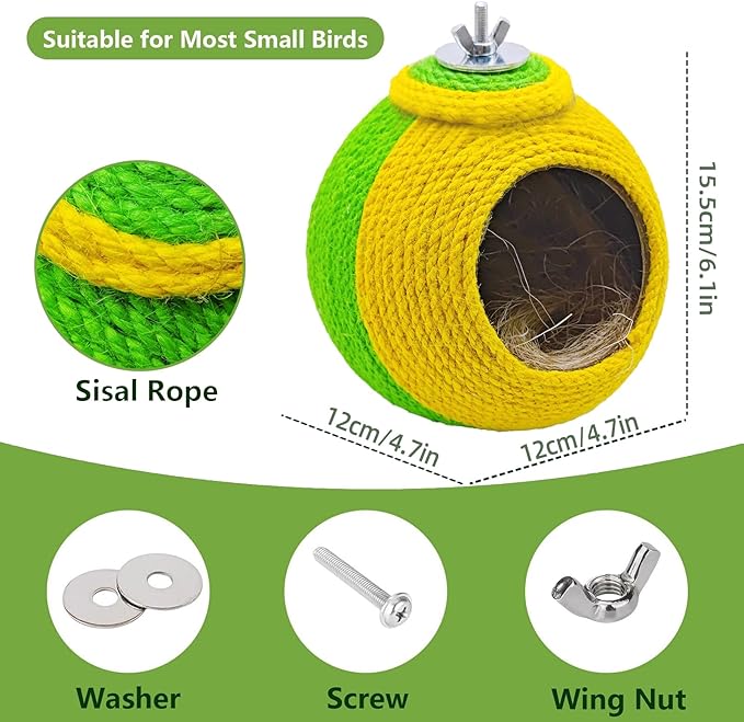 Bird Nest,Parrot Breeding House,Parakeet Natural Coconut Shell Hut,Hanging Budgie Nesting House with Coconut Fiber,Cockatiel Bed for Conure Lovebird Finch Birds,Green&Yellow
