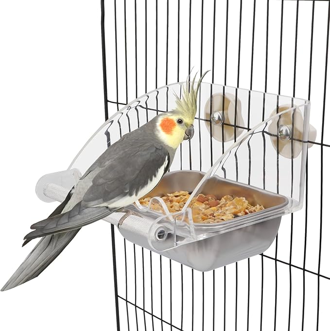 Hypeety Transparent Bird Feeder No Mess Parakeet Feeder for Cage Clear Bird Cage Feeders with Anti-Slip Perch Stainless Steel Food Bowl for Parakeets Parrots Budgies Lovebirds Cockatiels Conures