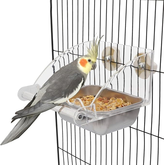 Hypeety Transparent Bird Feeder No Mess Parakeet Feeder for Cage Clear Bird Cage Feeders with Anti-Slip Perch Stainless Steel Food Bowl for Parakeets Parrots Budgies Lovebirds Cockatiels Conures