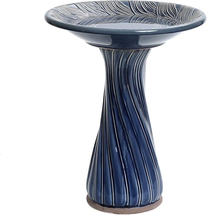 LuxenHome 22 Inch Ceramic Bird Bath for Outside, Elegant Tall Outdoor Bird Bath, Lightweight Pedestal Glazed Birdbaths for Outdoors with Leaves and Swirl Pattern, Blue