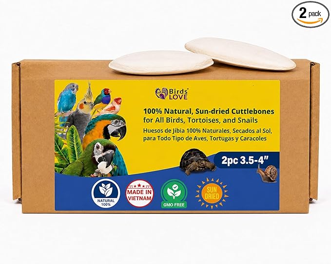 Birds LOVE 3.5-4″ Cuttlebone for Birds – 100% Natural Sun-Dried Calcium & Beak Conditioning Supplement for Parakeets, Budgies, Cockatiels, Finches & Canaries – 2 Pack with Holder – Made in Vietnam