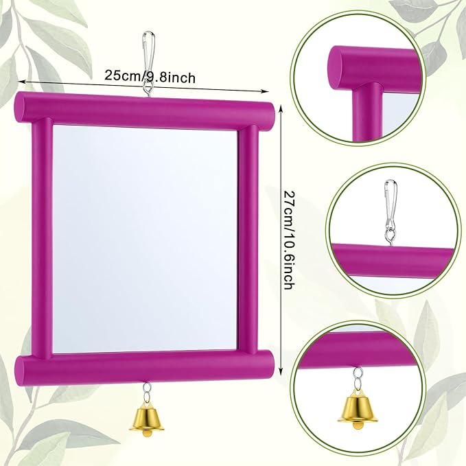 Sadnyy Extra Large Chicken Mirror Toys Hanging Swing Double Side Mirror with Bell Wooden Pecking Toy for Hens Birds Parrots Coop Roosters Enrichment Toy for Poultry(Square, Rose Red, 1pcs)
