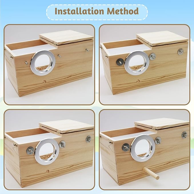 Fhiny Parakeet Nesting Box, Wooden Bird Breeding Box for Cage with Perch Transparent Acrylic Parakeet Nest for Lovebirds Budgies Conures Finches Small and Medium - Sized Birds (Medium)