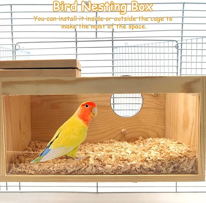 PINVNBY Large Natural Wood Parakeet Nesting Box Budgie Breeding Box Acrylic Bird Nest for Cage Transparent Panoramic for Birds, Parrots, Cockatiels, Lovebirds, Canaries (L: 11.8 x 5.7 x 5.9 inch)