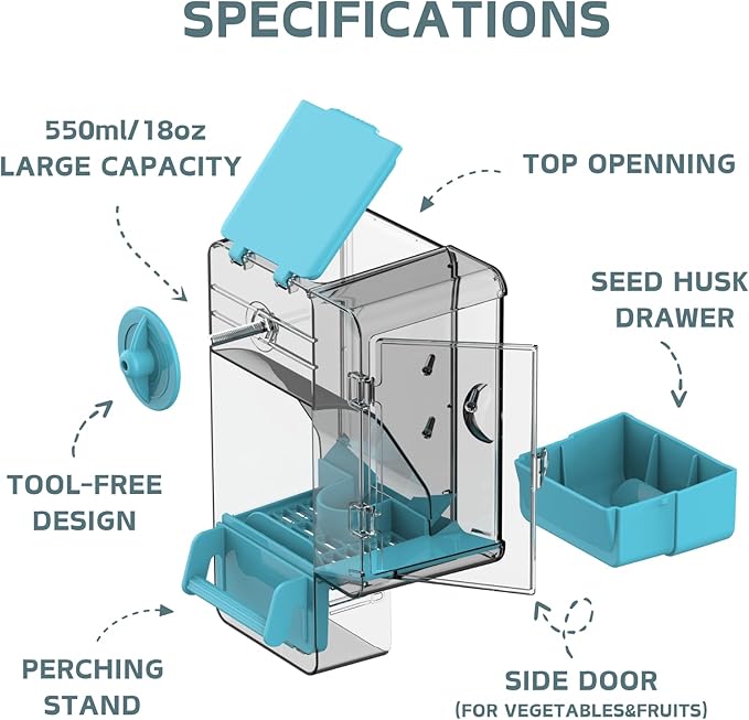 Automatic Bird Feeder, No Mess Bird Cage Feeder with Perch Multi-Functional Holder for Fruits Vegetables for Parakeet Canary Cockatiel Finch (Blue)