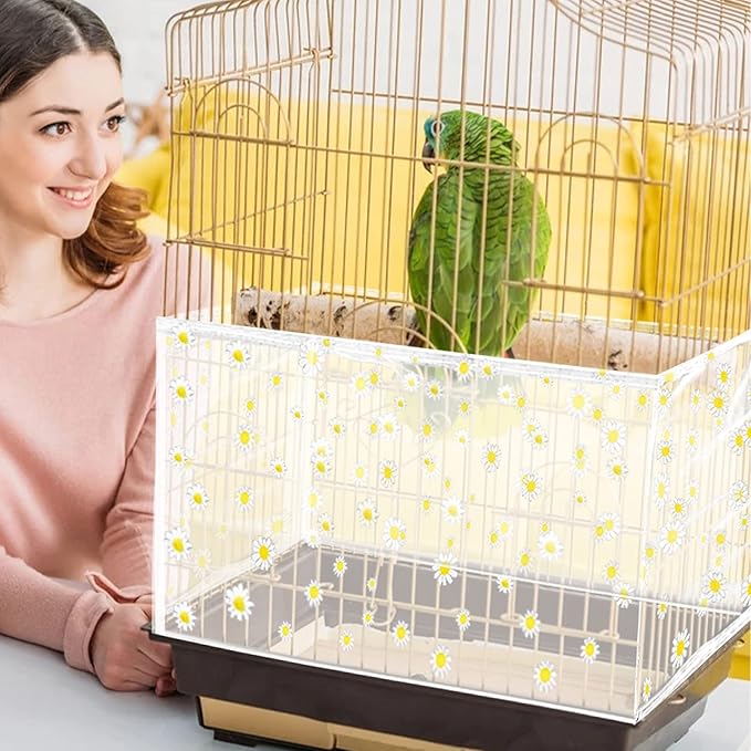 Daoeny Large Bird Cage Cover, Bird Cage Seed Catcher, Adjustable Soft Nylon Mesh Net with Daisy Pattern, Birdcage Cover Skirt Seed Guard for Parrot Parakeet Macaw Round Square Cages (White)