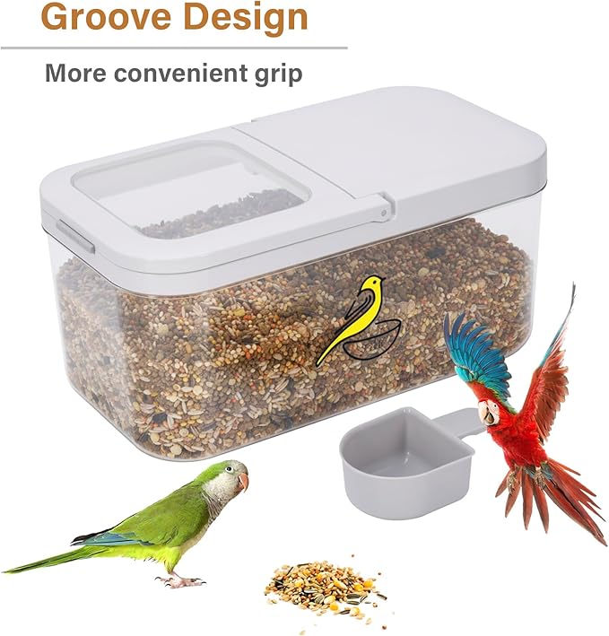 Bird Seed Storage Container, 5.4 Qt/6 L Pet Food Container with Measuring Cup & Stainless Steel Bird Feeder Bowl, Airtight Wild Birds Seed Dispenser, Plastic BPA Free, Clear