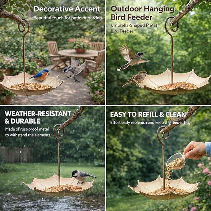 Mini Umbrella Bird Feeder Whimsical Garden Charm Hummingbird Feeders Station for Outdoors Hanging Metal Tray Birds Bath Waterer Shade Cover Garden Gifts for Wild Patio Yard Tree Decor
