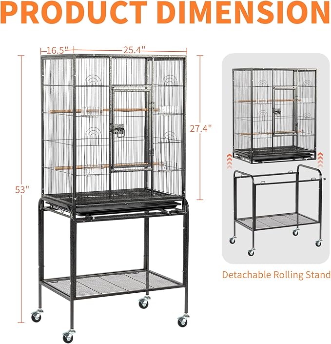 VINGLI 53-inch Bird Cage with Wheels, Durable Wrought Iron Parakeet Cage with Slide Out Tray, Black Bird Cages for Parakeets/Lovebird/Cockatiels/Budgies and Other Small/Medium Birds (Black, 53 inch)