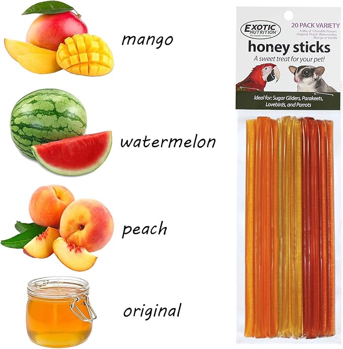 Honey Sticks (4 Variety 20 Pack) - All-Natural Sweet Treat - Made with Orange Blossom Honey - For Sugar Gliders, Parrots & Other Birds