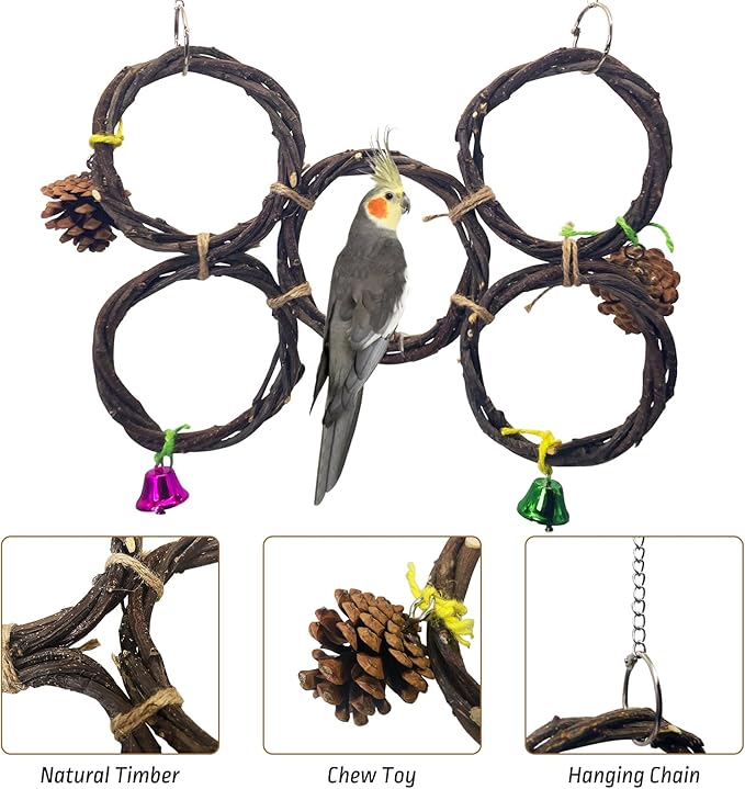 BNOSDM Bird Swing Rings Toy Natural Wood Parrot Climbing Ladder Parakeet Chewing Toys Hanging Budgie Cage Accessories for Green Cheek Conure Cockatiel Lovebird (5 Rings)