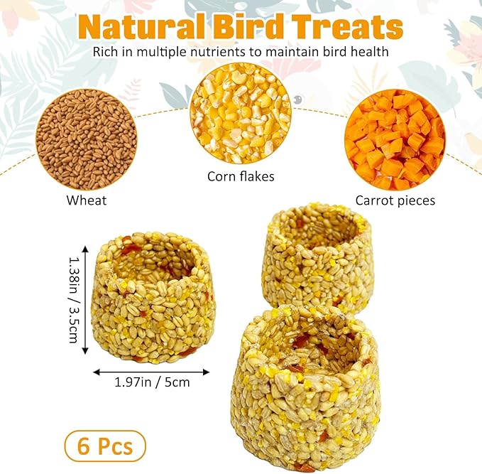 PINVNBY 6 PCS Parrot Treats Natural Oats & Corn Flakes Cockatiel Treats Bowl Shape Budgie Snacks Edible Bird Chewing Toys for Parrots Parakeet Conure Lovebird Finch Canary
