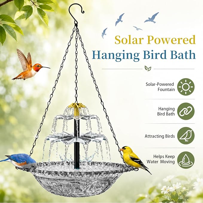 Solar Cascade Hanging Bird Bath Fountain, Large Plastic Bowl with Hanging Chain for Outside Garden Patio and Yard Decor (Gray)