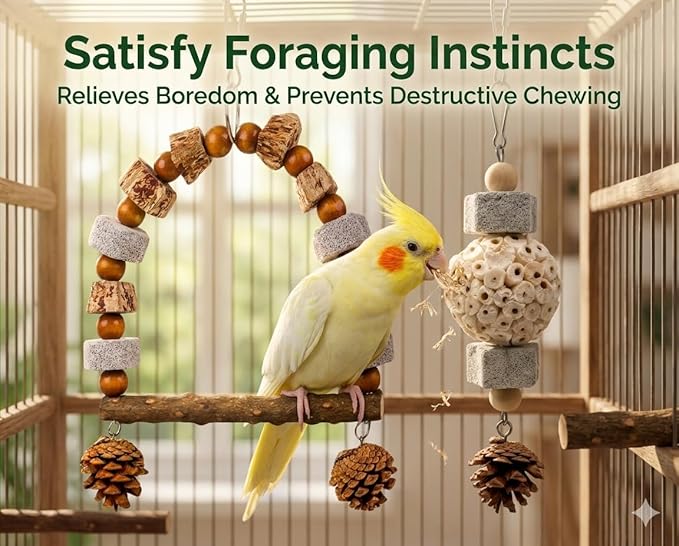 2 Pack Natural Bird Toys Set - Arch Wood Swing & Sola Ball Shreddable Toy - Foraging Hanging Perch with Pine Cones & Pumice Stone Beak Trimmer, Cage Accessories for Cockatiel, Conure, Parakeets