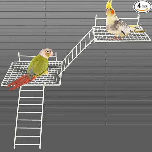 BNOSDM 4 PCS Bird Perches Platform, Stainless Steel Grid Platform for Parakeet Parrot Stand with Climbing Ladder Bird Cage Accessories for Small to Large Birds (White)