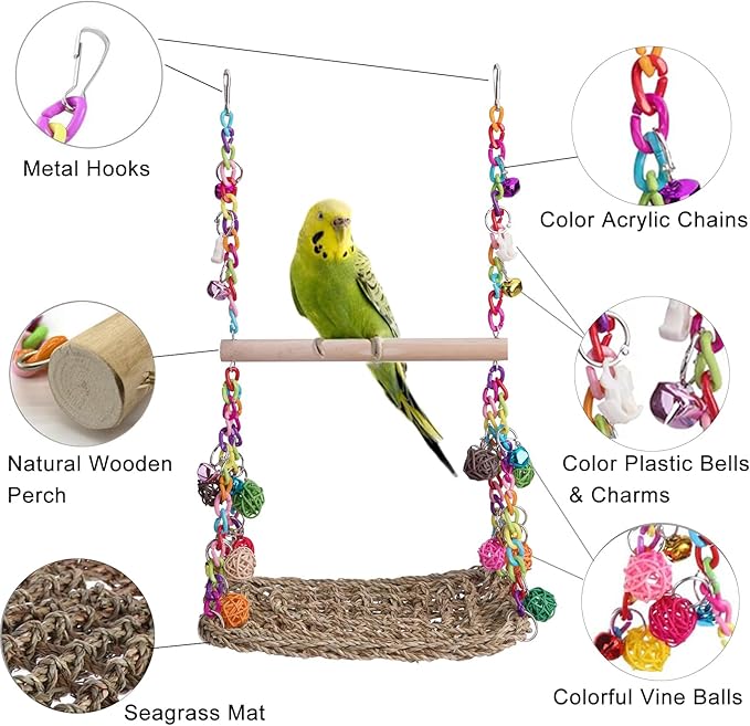 FrgKbTm Bird Swing Toys with Wood Perch, Seagrass Woven Parrot Platform Bird Climbing Hanging Hammock Bird Perch Stand Chewing Toy for Parakeets,Budgie, Conure, Cockatiel,Lovebird