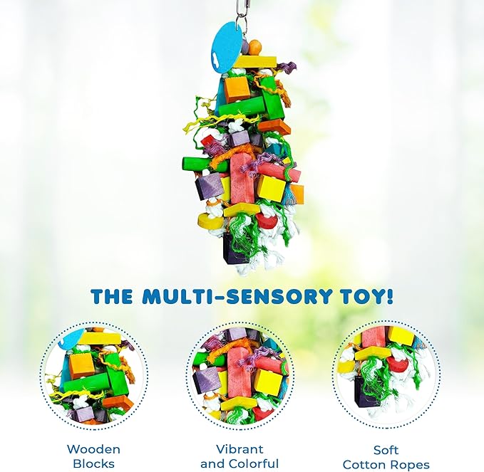 SunGrow Parrot Toy – Bird Foraging & Chew Toy with Wooden Blocks and Cotton Rope, Hanging Cage Accessory for Conures, Budgies, Parakeets & Other Small Birds