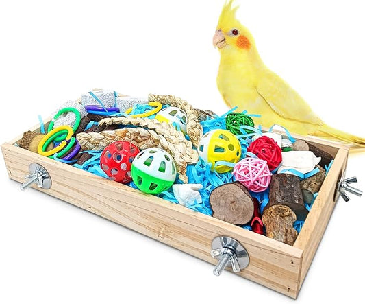 BNOSDM Bird Foraging Toys Box Colorful Parrot Foraging and Shredding Toy Boxes Natural Bird Toy Wooden Birds Chewing Toys for Parakeet, Conure, Cockatiel, Budgies, Lovebirds (Large)