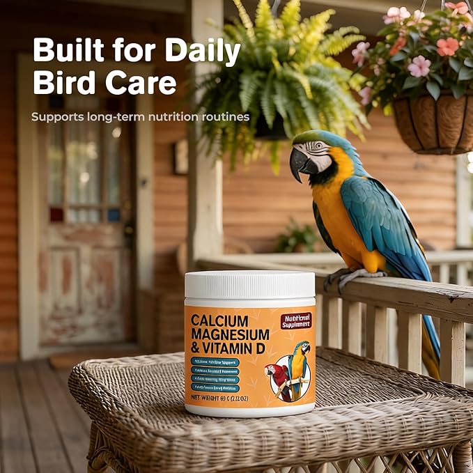 Bird Calcium Supplement with Magnesium & Vitamin D3, Water-Soluble Powder for Bone, Feather & Eggshell Support, Easy-Mix Daily Nutrition for Parrots & Companion Birds, 60 g