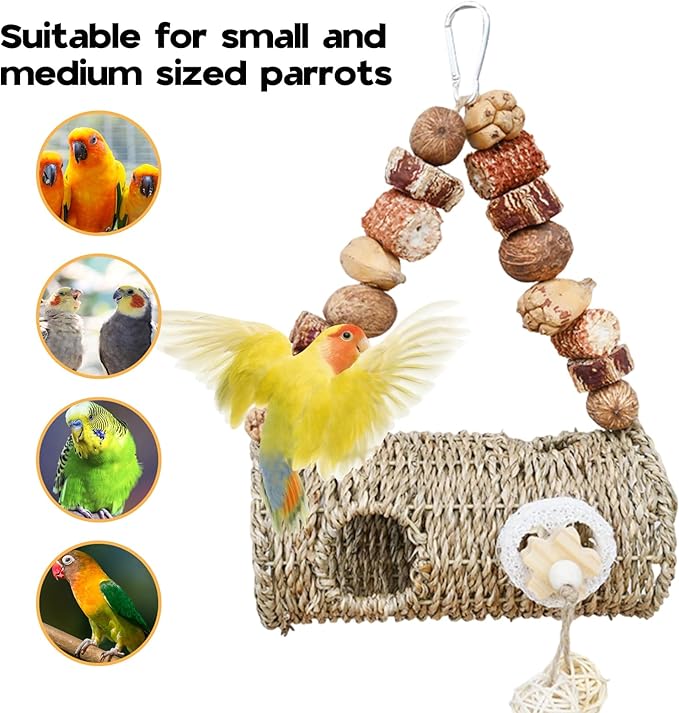 Bird Nest for Cage with Natural Chewing Toys,Hideaway Shelter Hut Parakeet Hanging Bird Tunnel Bed with Handwoven Breathable Seagrass, Small Parakeet Bed for Canary, Budgie Rest & Chew & Play(SD)