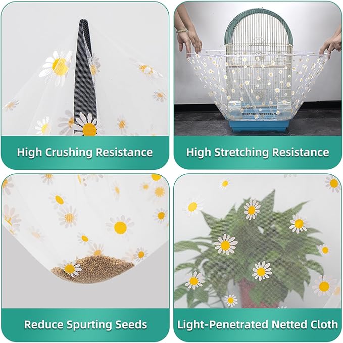 Bird Cage Seed Catcher, Seed Catcher Guard Net Cover, Parrot Nylon Mesh Net Cover, Universal Soft Airy Cage Net Stretchy Skirt for Round Square Cages (Daisy-White, 15.7" x87")