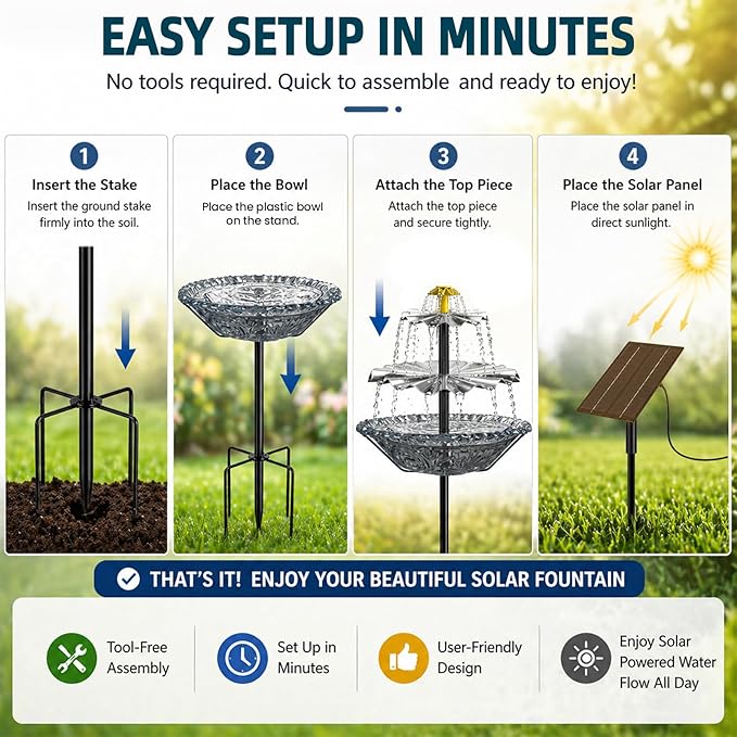 Bird Bath Fountain Solar for Outside, Outdoor Water Fountain Plastic, Attracts Birds with Cascading Spray for Yard & Patio (Gray(XL))