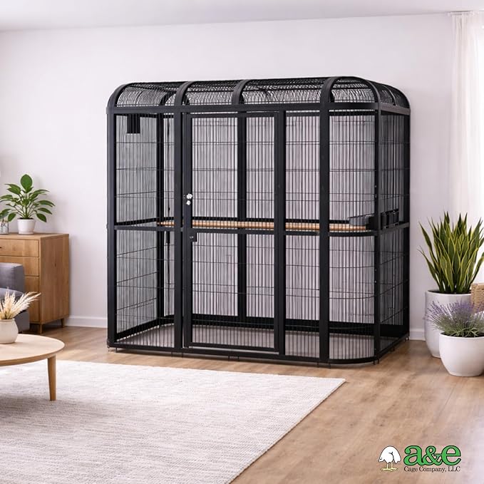 A&E Cage Co WI8662 Black Walk-in Bird Aviary – 86" x 62" x 79" Large Parrot Cage with Front Door – Includes 3 Feeder Doors, Stainless Steel Bowls & Durable Powder Coated Finish
