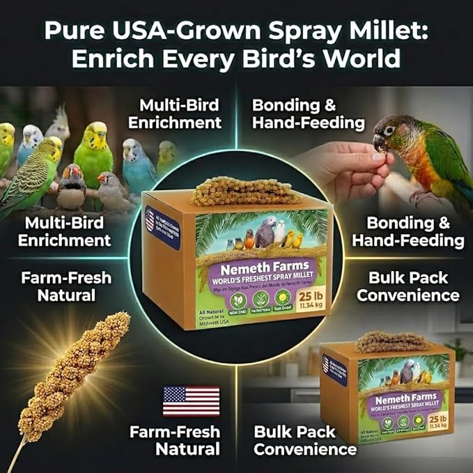 Nemeth Farms Spray Millet for Birds - Natural Non-GMO Millet Treat for Parakeets, Cockatiels & Parrots - 25 lb