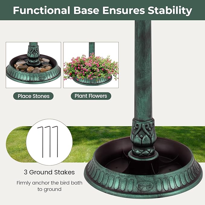 Giantex 42 inch Bird Bath Solar Lighted, Pedestal Bird Bath with Bird Feeder, Flower Planter Base, Solar Powered Lamp, 3 Ground Stakes, Standing Birdbath for Outside Garden Yard Outdoor (Green)