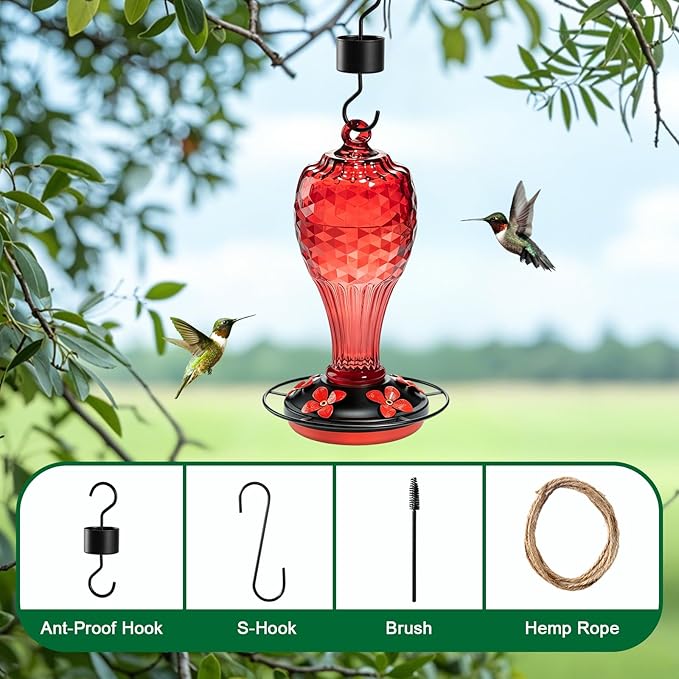 20 oz Hand-Blown Glass Hummingbird Feeder, Hanging Hot Air Balloon Design, Leak-Proof Silicone Seal, Ant-Proof, Outdoor Garden Decor Gift for Mom, Red