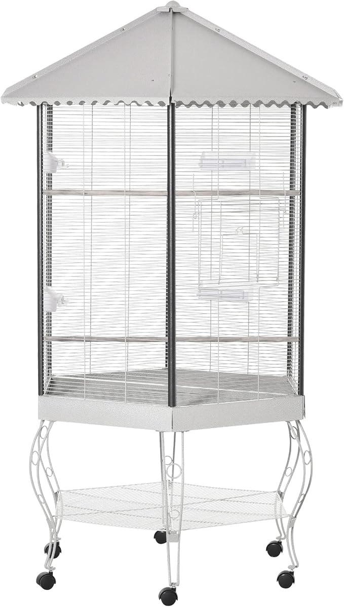 77" Flight Bird Cage Hexagon Covered Canopy Portable Aviary with Storage