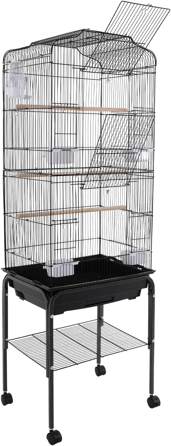 Large Bird Cage with Rolling Stand, Parrot Cage for Parakeets Cockatiels Conures, Heavy Duty Metal Birdcage with Wheels, Removable Tray & Storage Shelf for Indoor Use (Black)